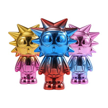 Three colourful metallic Rick & Morty inspired grinders with spiky hair on a white background