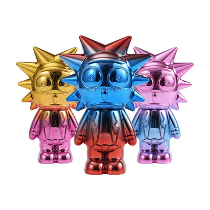 Three colourful metallic Rick & Morty inspired grinders with spiky hair on a white background