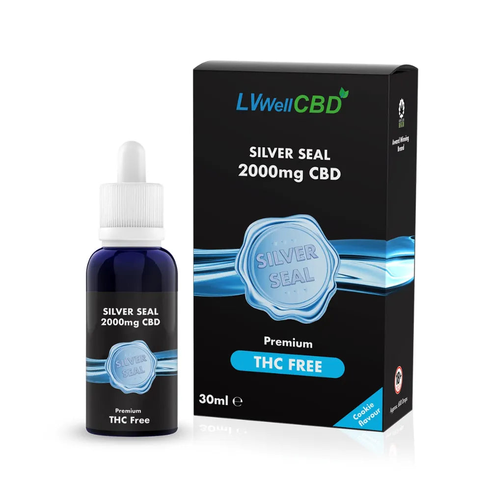 LVWell CBD Silver Seal 2000mg CBD bottle and packaging on a white background