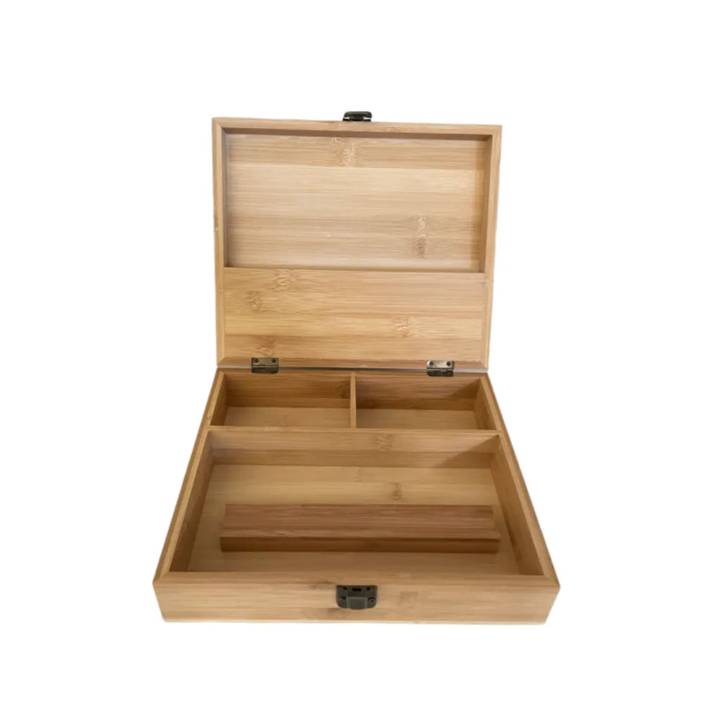 Wooden storage box with a lid on a white background