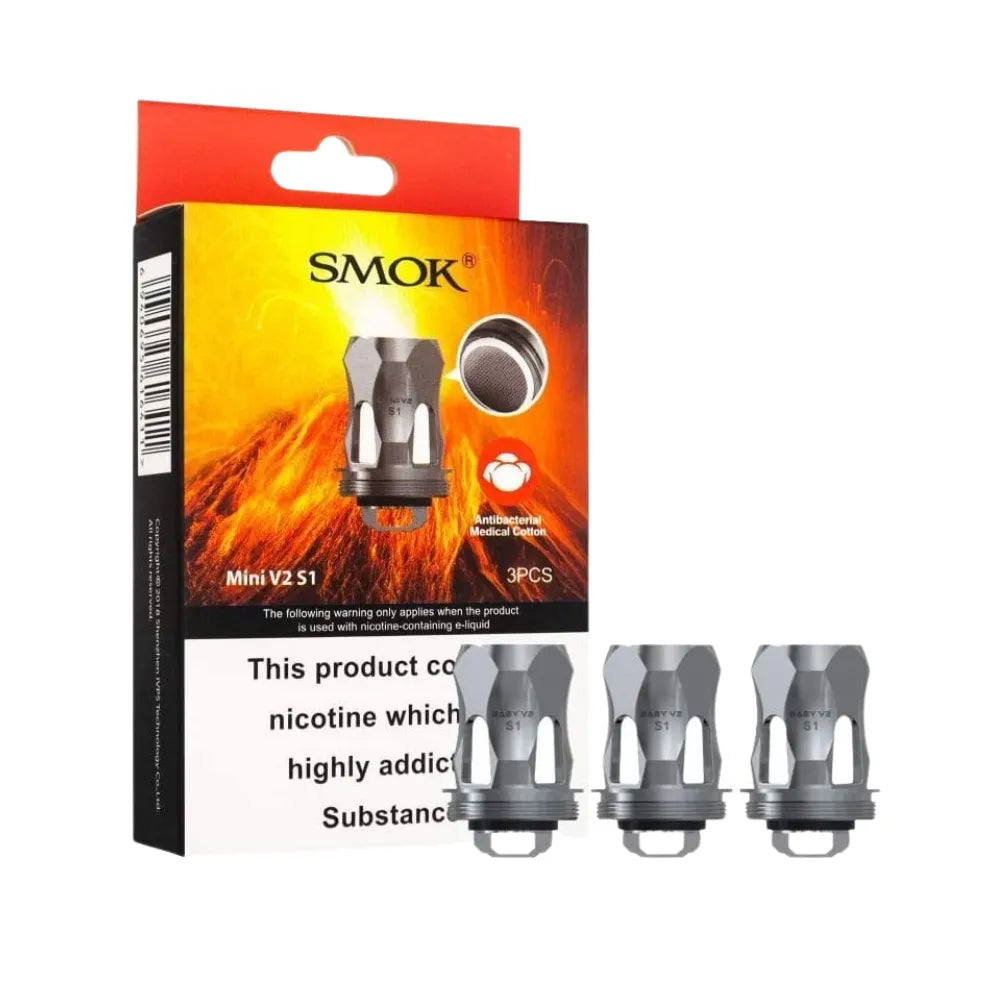 SMOK S1 Mini V2 vape part packaging with three silver coils on a white background