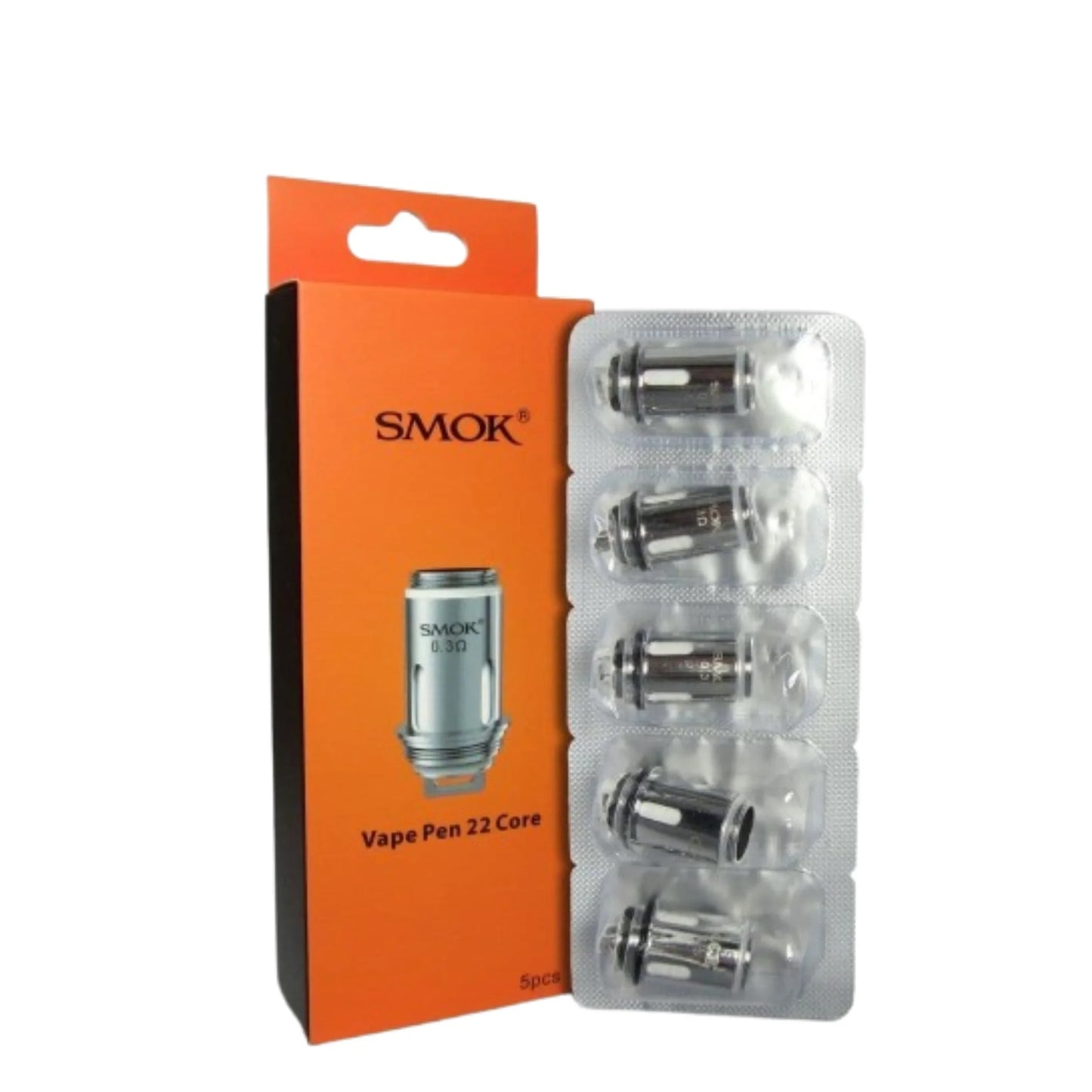 SMOK vape pen 22 core packaging with orange box and clear blister pack on white background