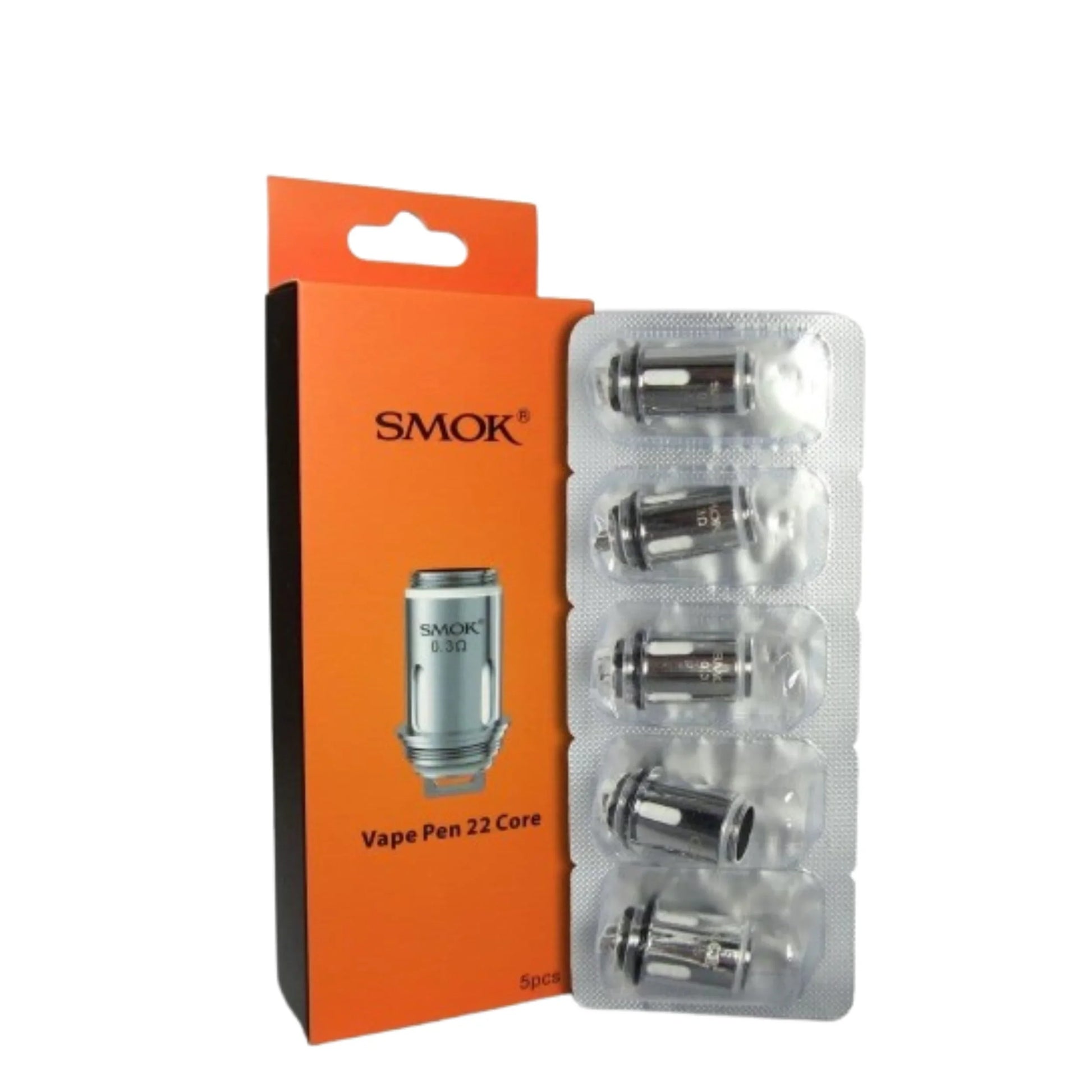 SMOK vape pen 22 core packaging with orange box and clear blister pack on white background