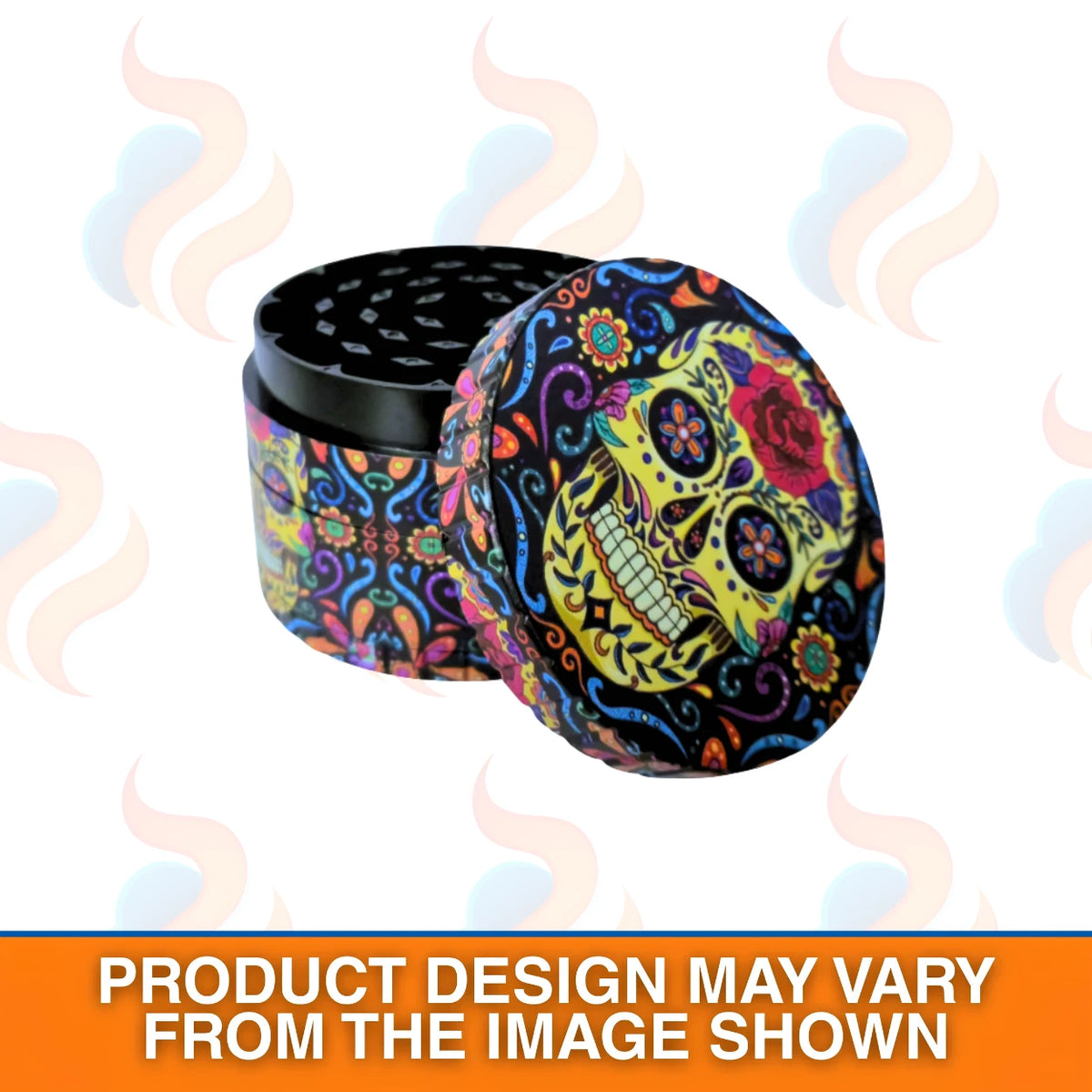 Colourful skull-patterned grinder with smoke effects on a white background