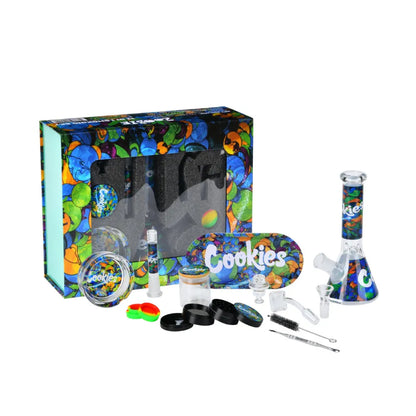 Bong set with coloUrful packaging featuring the brand 'Cookies' on a white background.