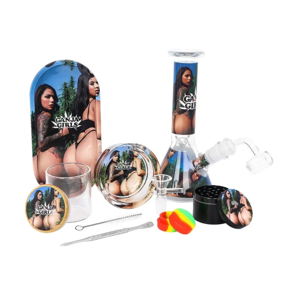 Set of smoking accessories with 'Ganja Girls' branding on a white background