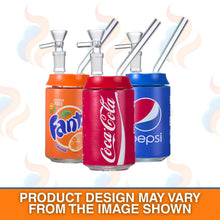 Three beverage-can-shaped glass water bottles with straws, styled like Fanta, Coca-Cola, and Pepsi cans, on a white background with a disclaimer banner at the bottom.