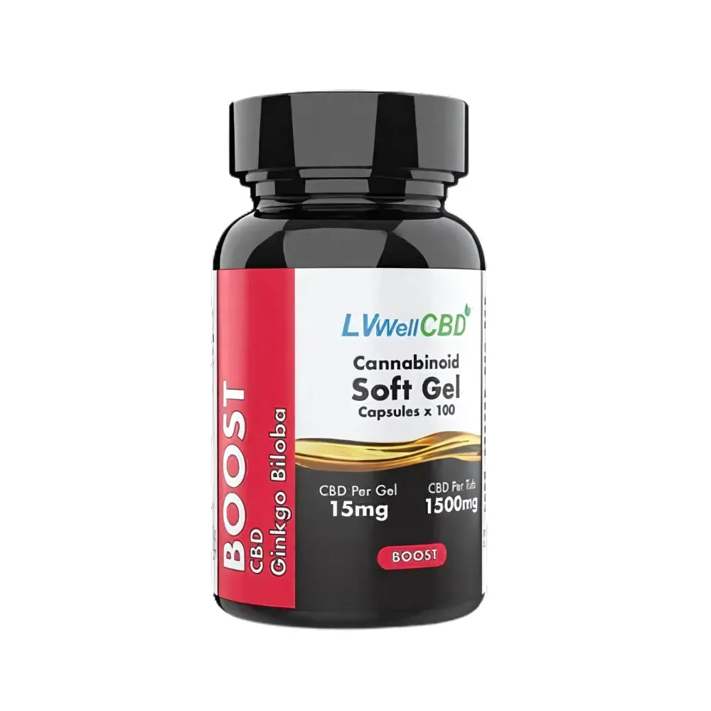Bottle of LVWell CBD Cannabinoid Soft Gel on a white background
