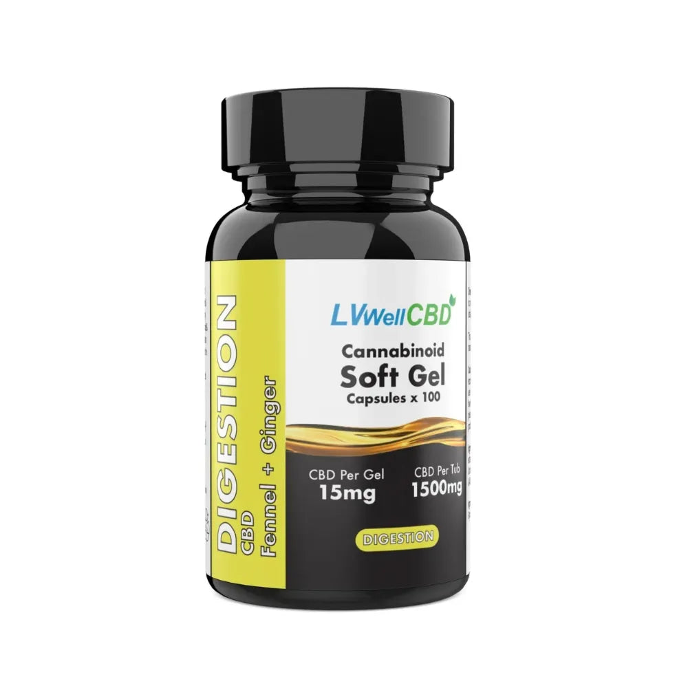 Bottle of LVWell CBD Cannabinoid Soft Gel Capsules on a white background
