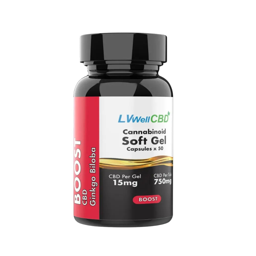 Bottle of LVWell CBD Cannabinoid Soft Gel on a white background