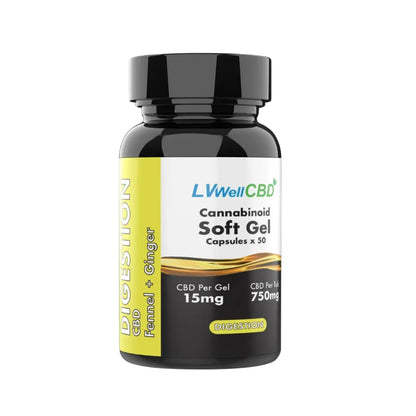Bottle of LVWellCBD Cannabinoid Soft Gel Capsules on a white background