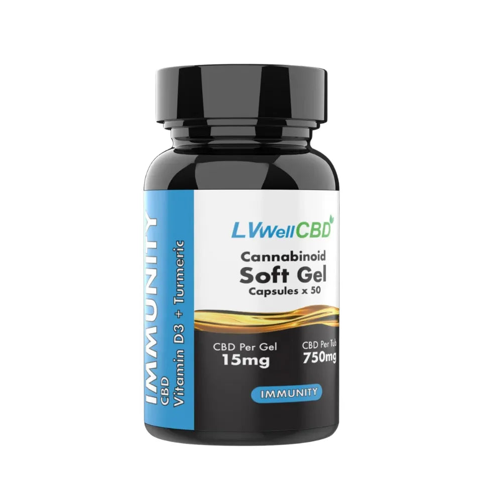 Bottle of LVWellCBD Cannabinoid Soft Gel Capsules on a white background