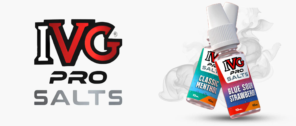 IVG Pro Salts branding on a light Grey background, with two small e-liquid bottles shown on the right. The bottles are labelled Classic Menthol and Blue Razz Strawberry, with white caps and colourful labels.
