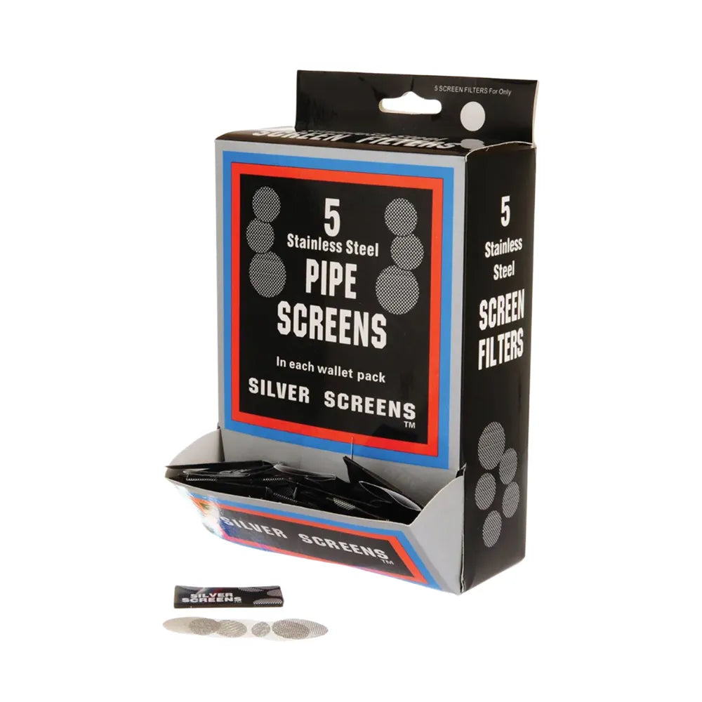 Packaging of 100pcs of 5 Silver Screens stainless steel pipe screens with visible product and branding.