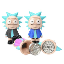 Three colourful Rick & Morty inspired grinders with spiky hair on a white background