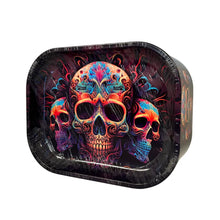 Colourful skull design on a black storage tin with a white background