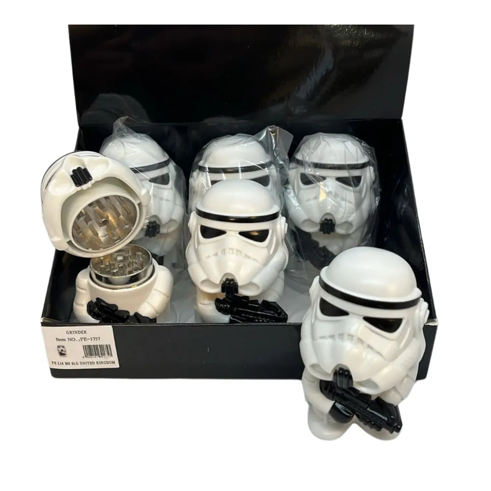 Set of Storm Trooper inspired grinders in a black box on a white background