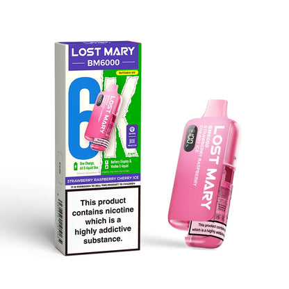 Lost Mary BM6000 vape kit in "Strawberry Raspberry Cherry ice" flavour with colourful packaging on a white background.