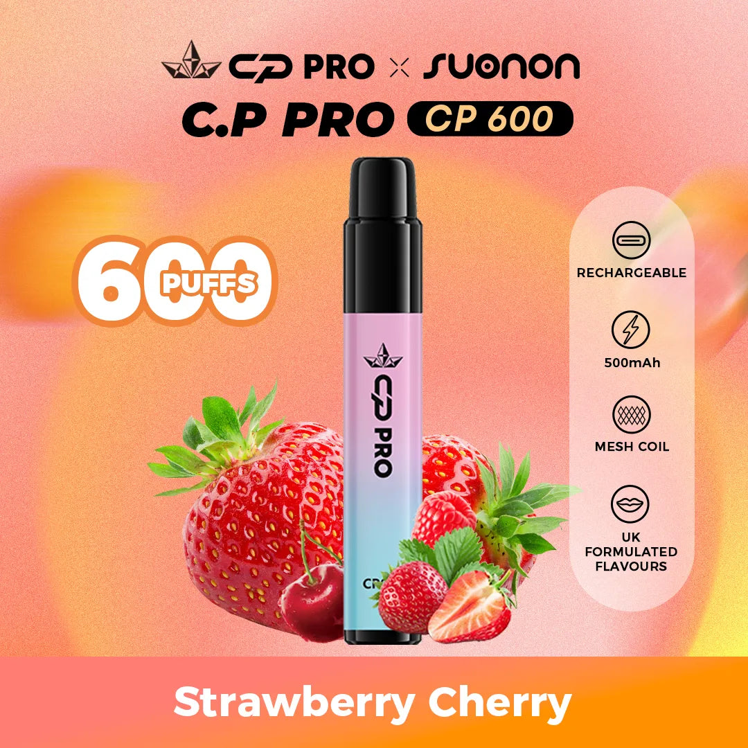 Suonon x CP Pro CP600 vape device with strawberry cherry flavour on a colourful gradient background