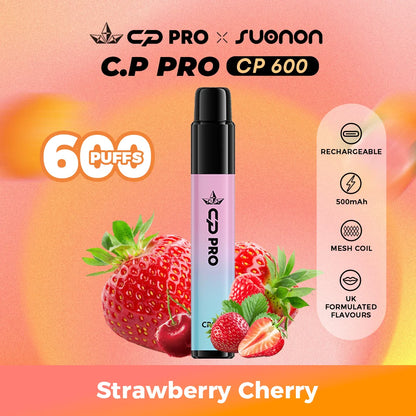 Suonon x CP Pro CP600 vape device with strawberry cherry flavour on a colourful gradient background
