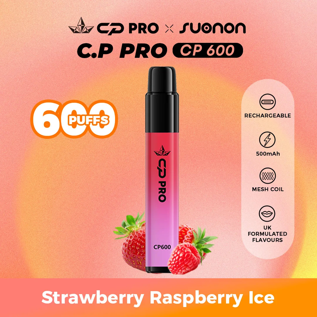 Suonon x CP Pro CP600 vape device with strawberry raspberry ice flavour on a colourful gradient background