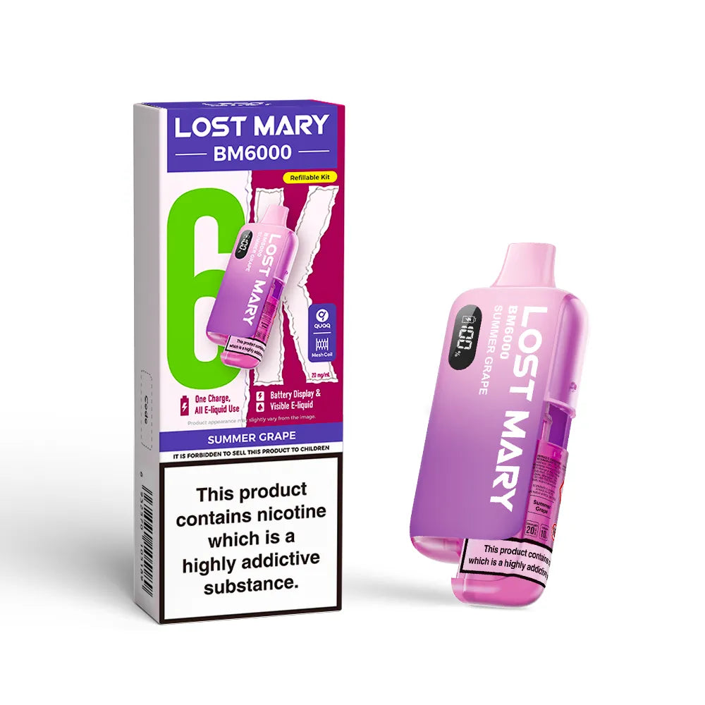 Lost Mary BM6000 vape kit in "Summer Grape" flavour with colourful packaging on a white background.