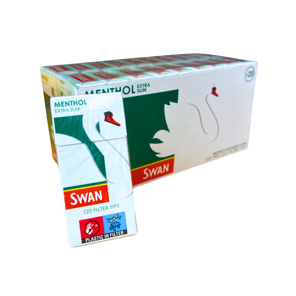 Box of Swan menthol filter tips with a close-up of a filter tip pack on a white background