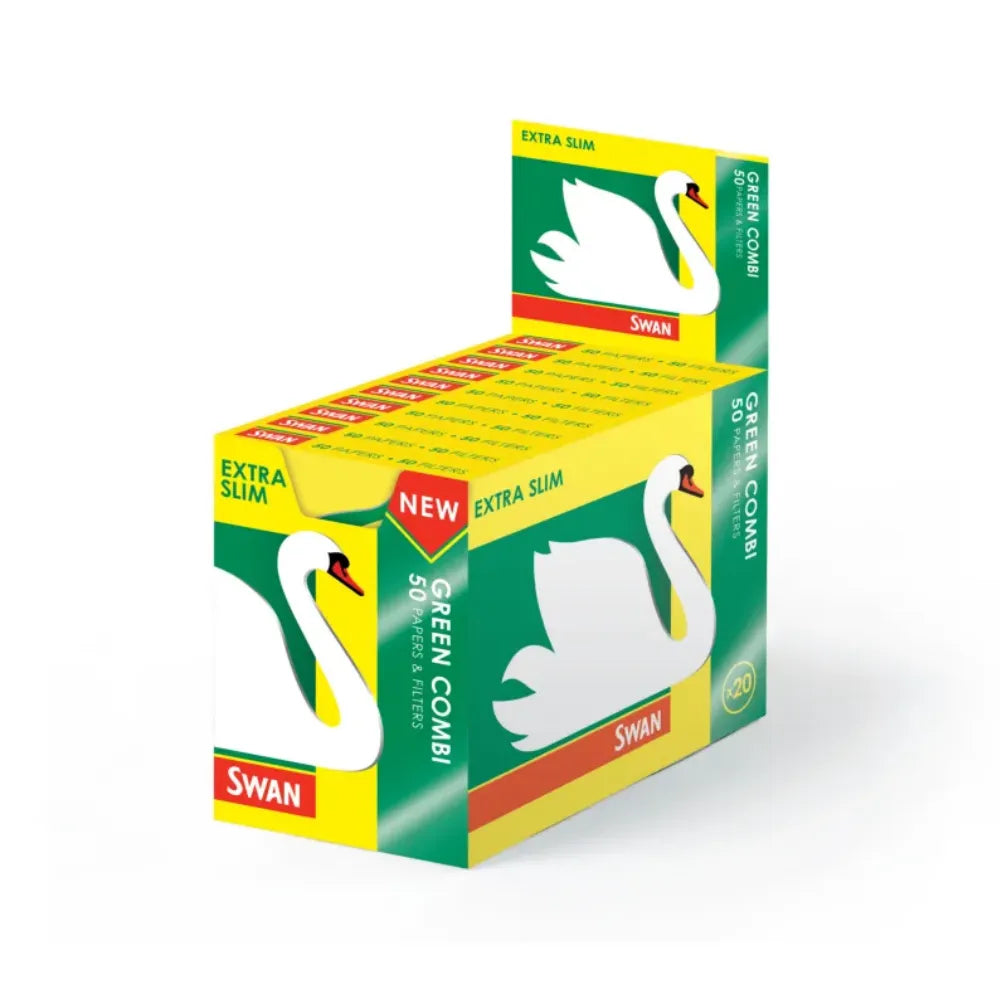 Box of Swan filter tips with green and yellow design on a white background