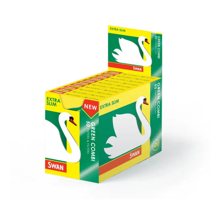 Box of Swan filter tips with green and yellow design on a white background