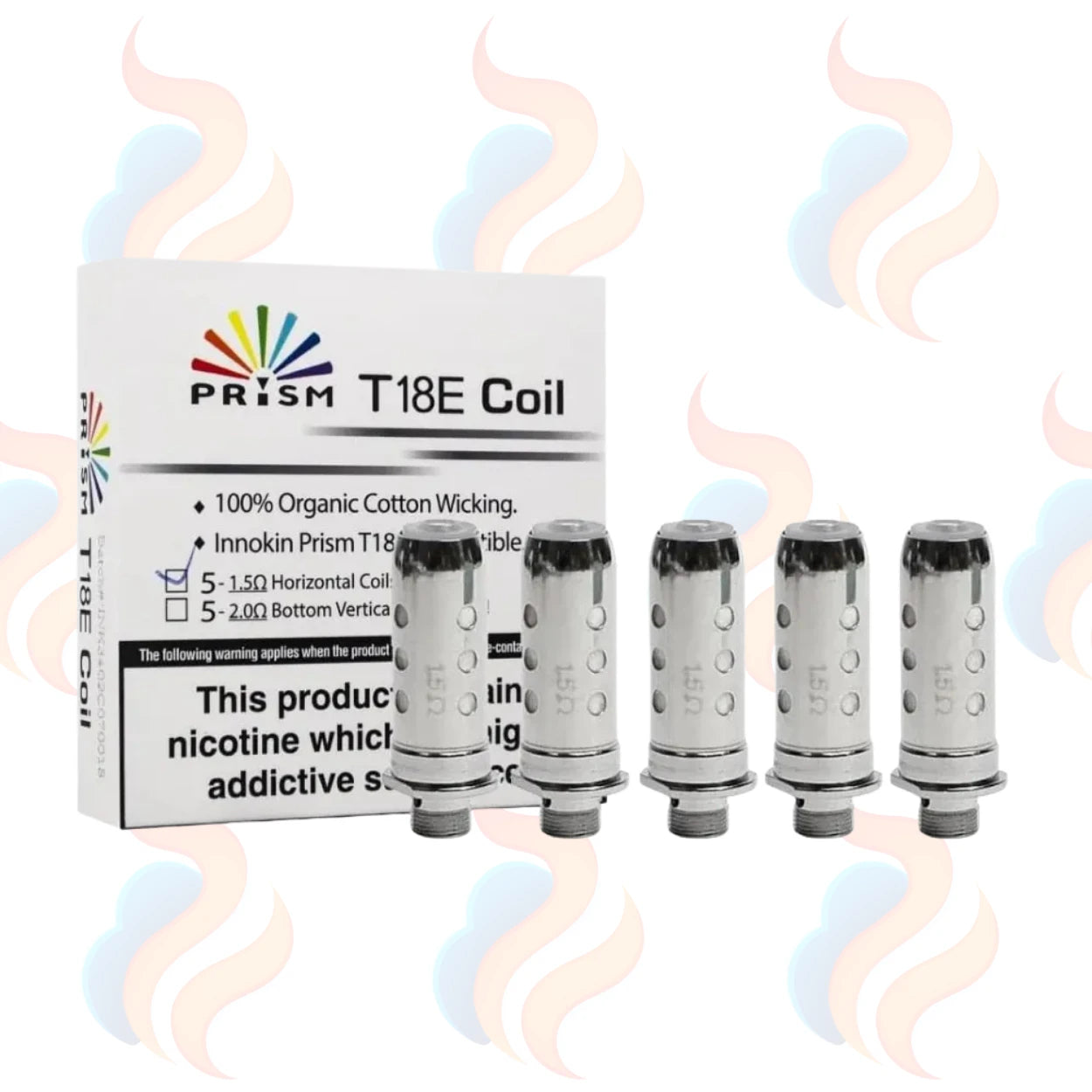 Prism T18E Coils packaging with coils on a white background