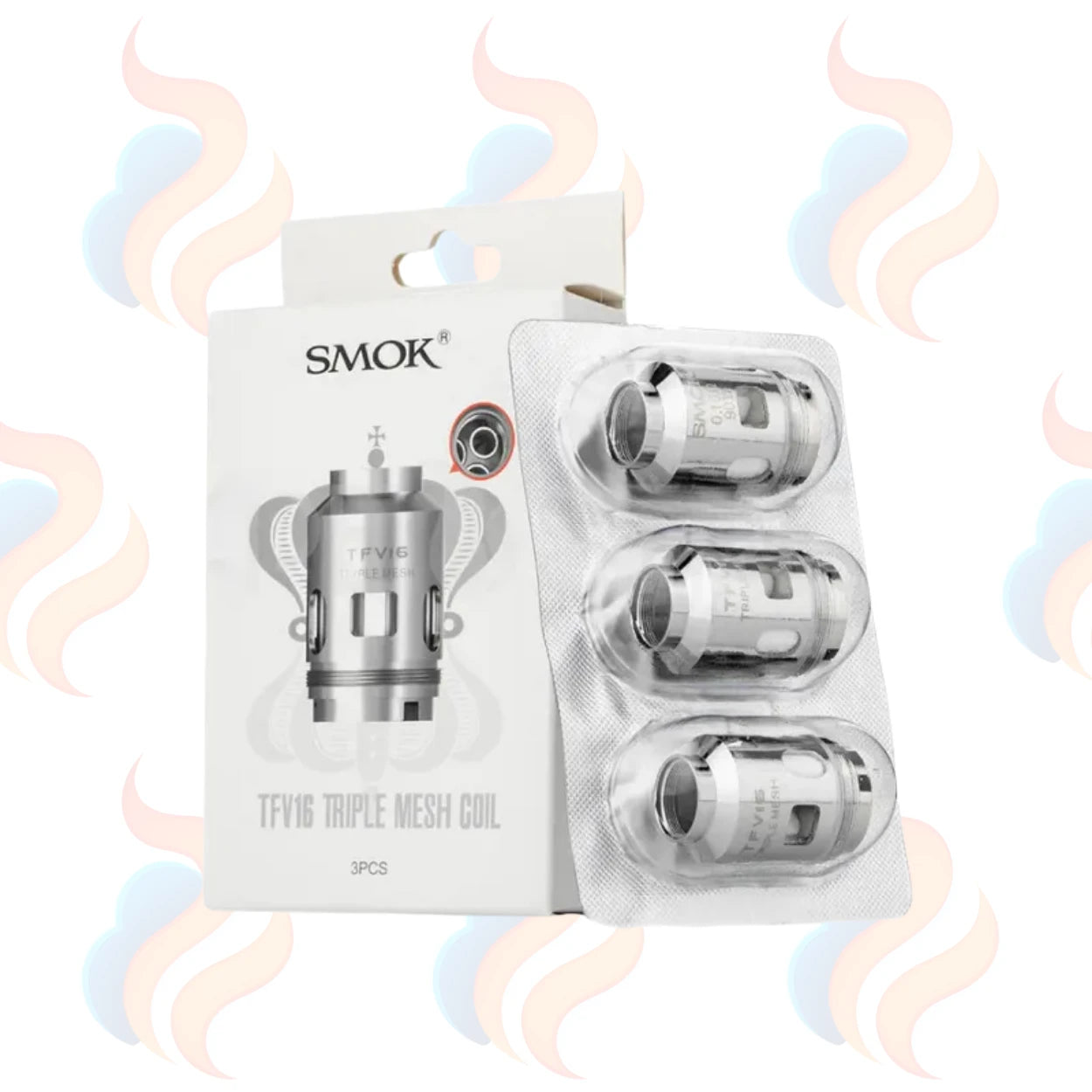 Smok TFV16 Triple Mesh Coil pakc with 3 coils on a white background