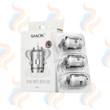 Smok TFV16 Triple Mesh Coil pakc with 3 coils on a white background