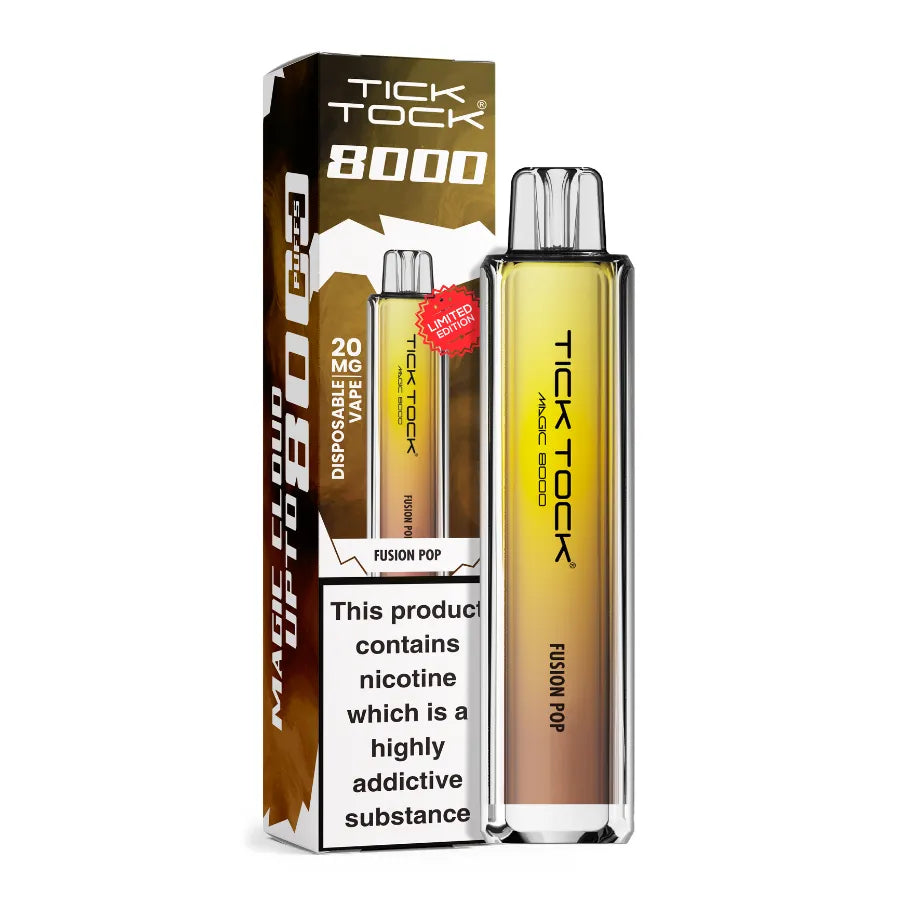 Tick Tock 8000 vape device and packaging on a white background