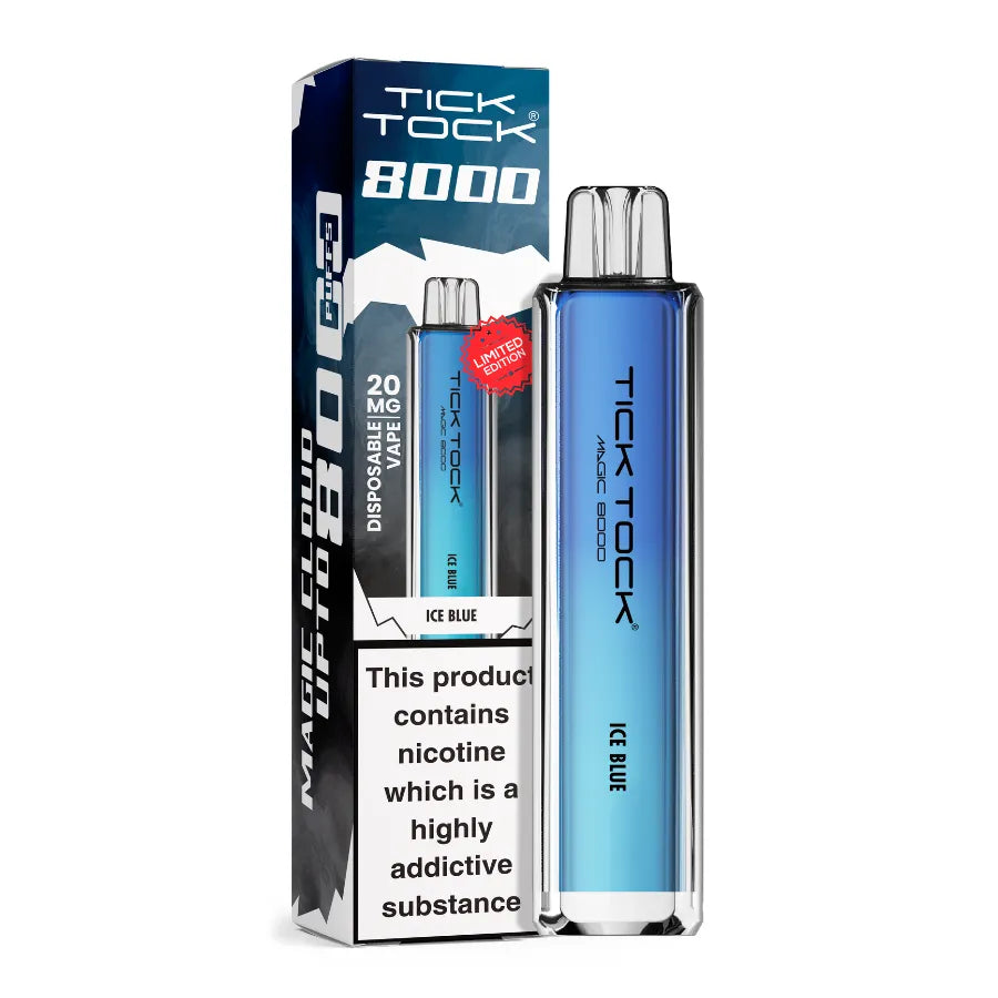 Tick Tock 8000 vape device and packaging on a white background