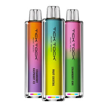 Three colorful 'Tick Tock' vape devices on a white background