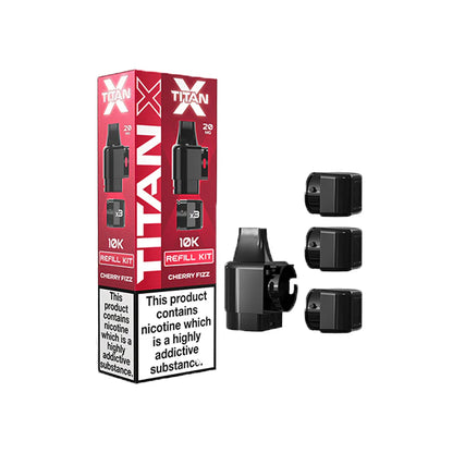 Titan X cherry fizz refill packaging with black refills on a white background