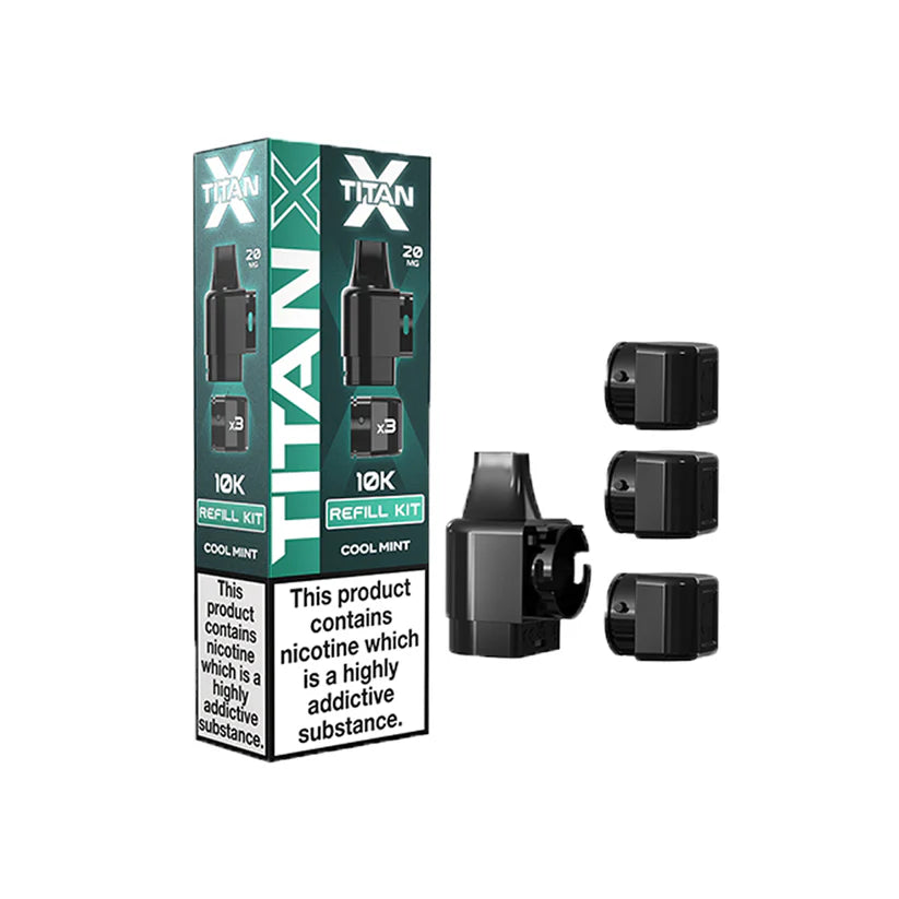 Titan X Cool Mint refill packaging with black refills on a white background
