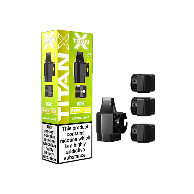 Titan X Lemon Lime refill packaging with black refills on a white background