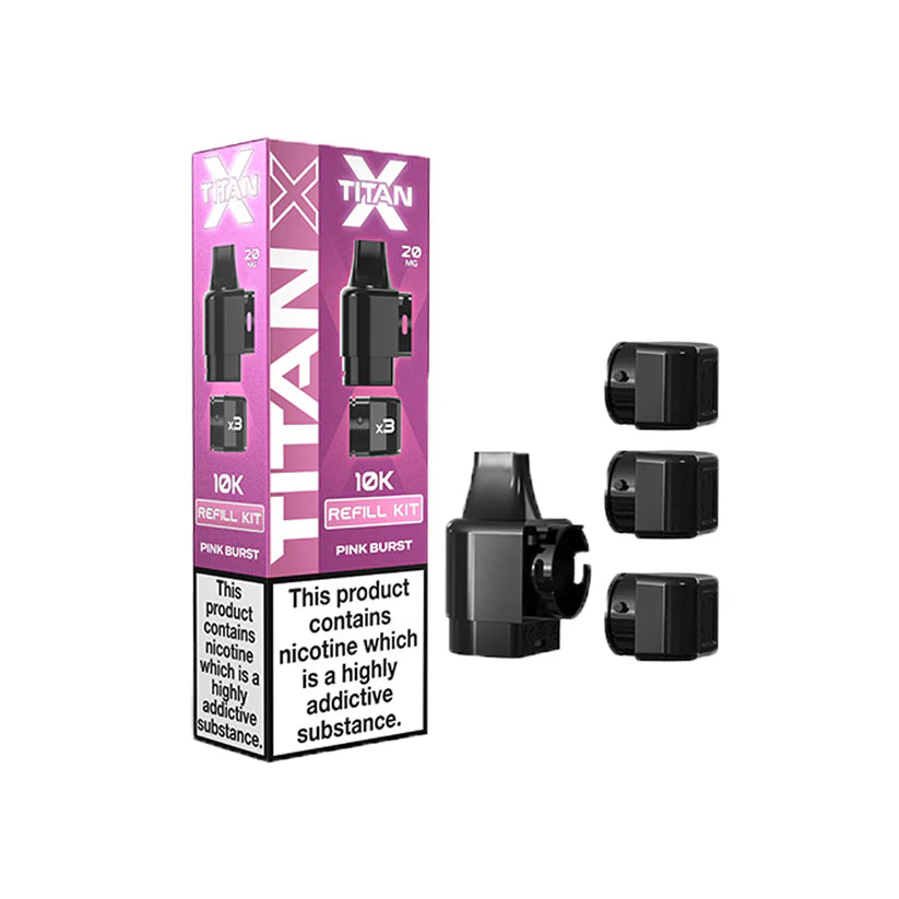 Titan X Pink Burst refill packaging with black refills on a white background