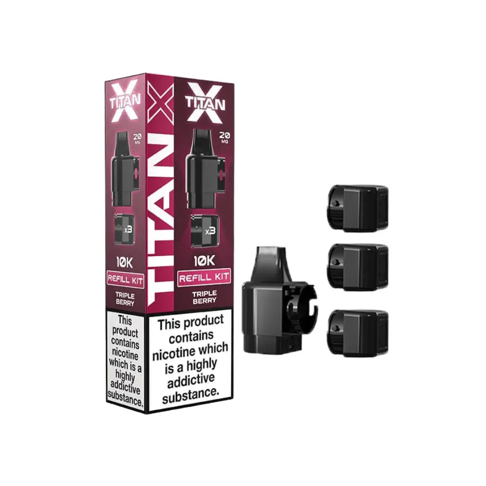 Titan X Triple Berry refill packaging with black refills on a white background