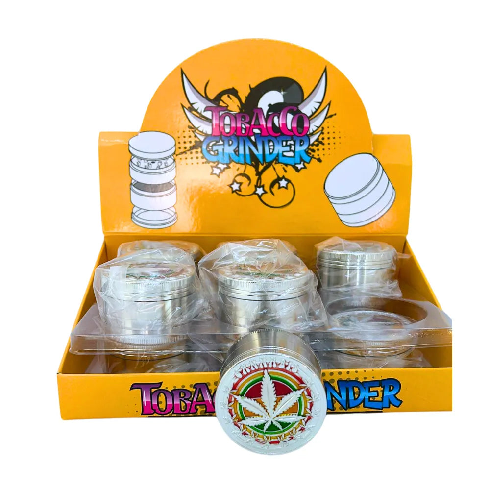 Display box of Tobacco Grinders with colorful branding on a white background