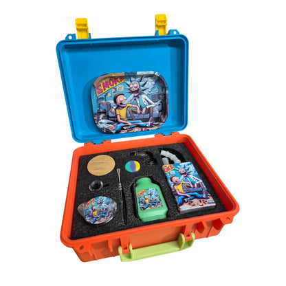 Colorful smoking set in an open orange and blue case on a white background