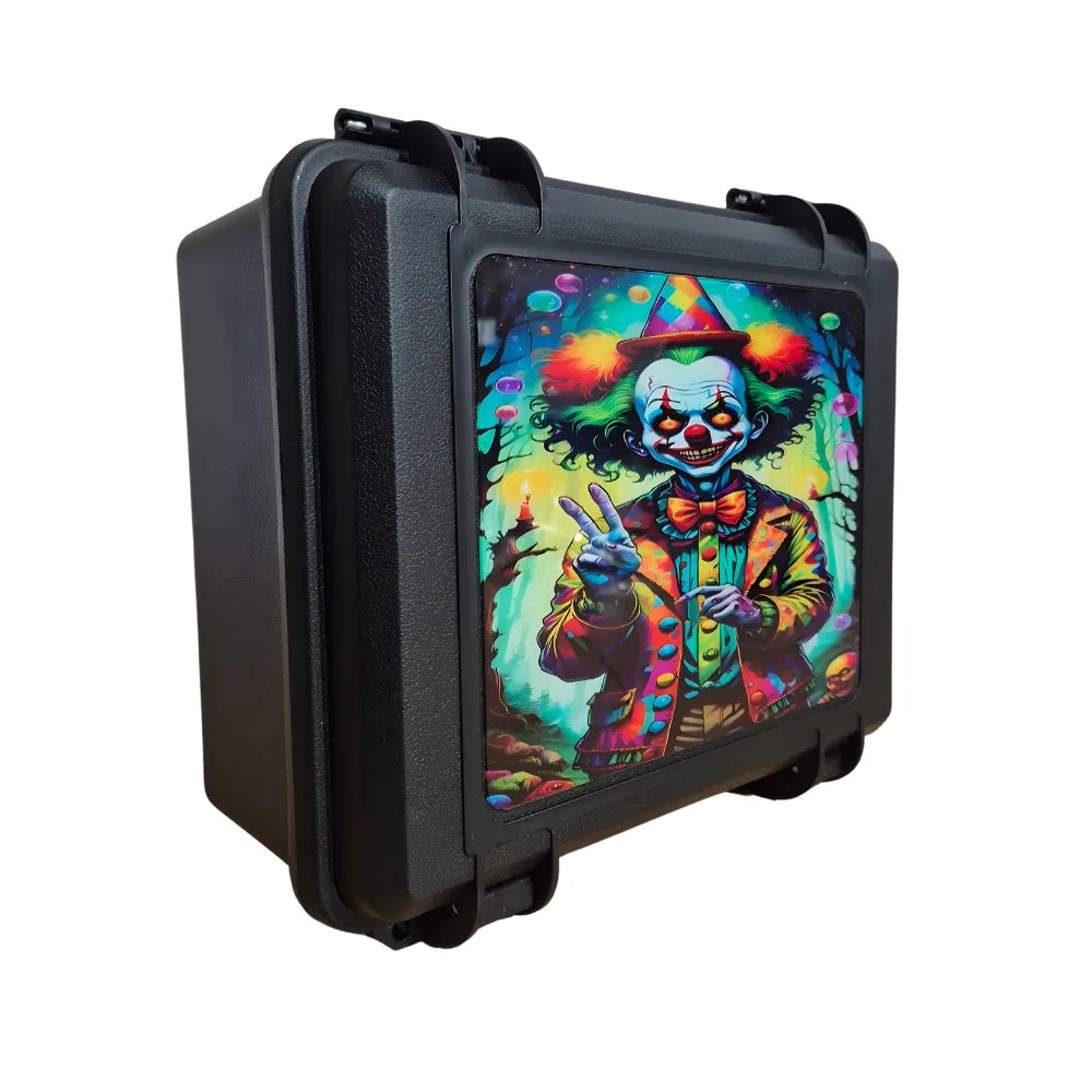 Black protective case with a colorful clown design on a white background