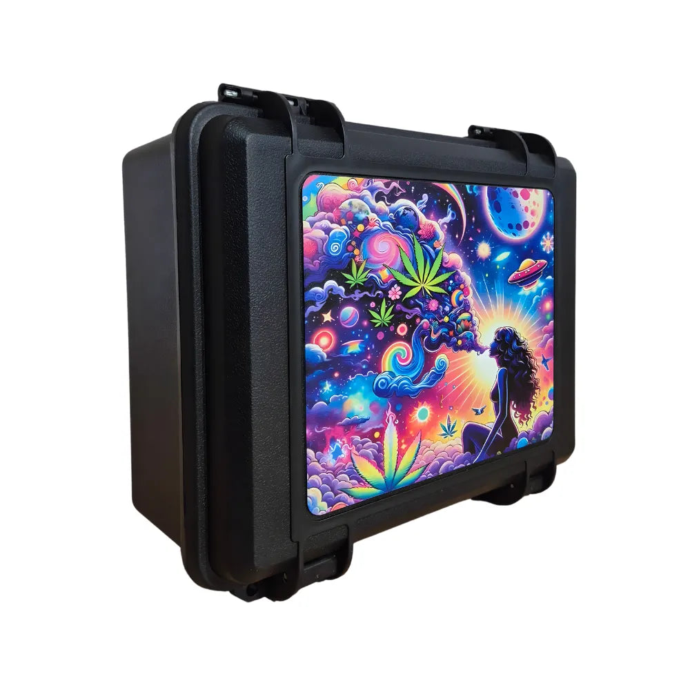 Black protective case with a colorful psychedelic design on a white background