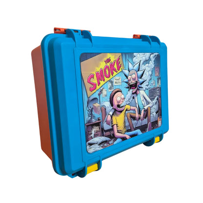 Blue and brown case with a cartoon design on a white background