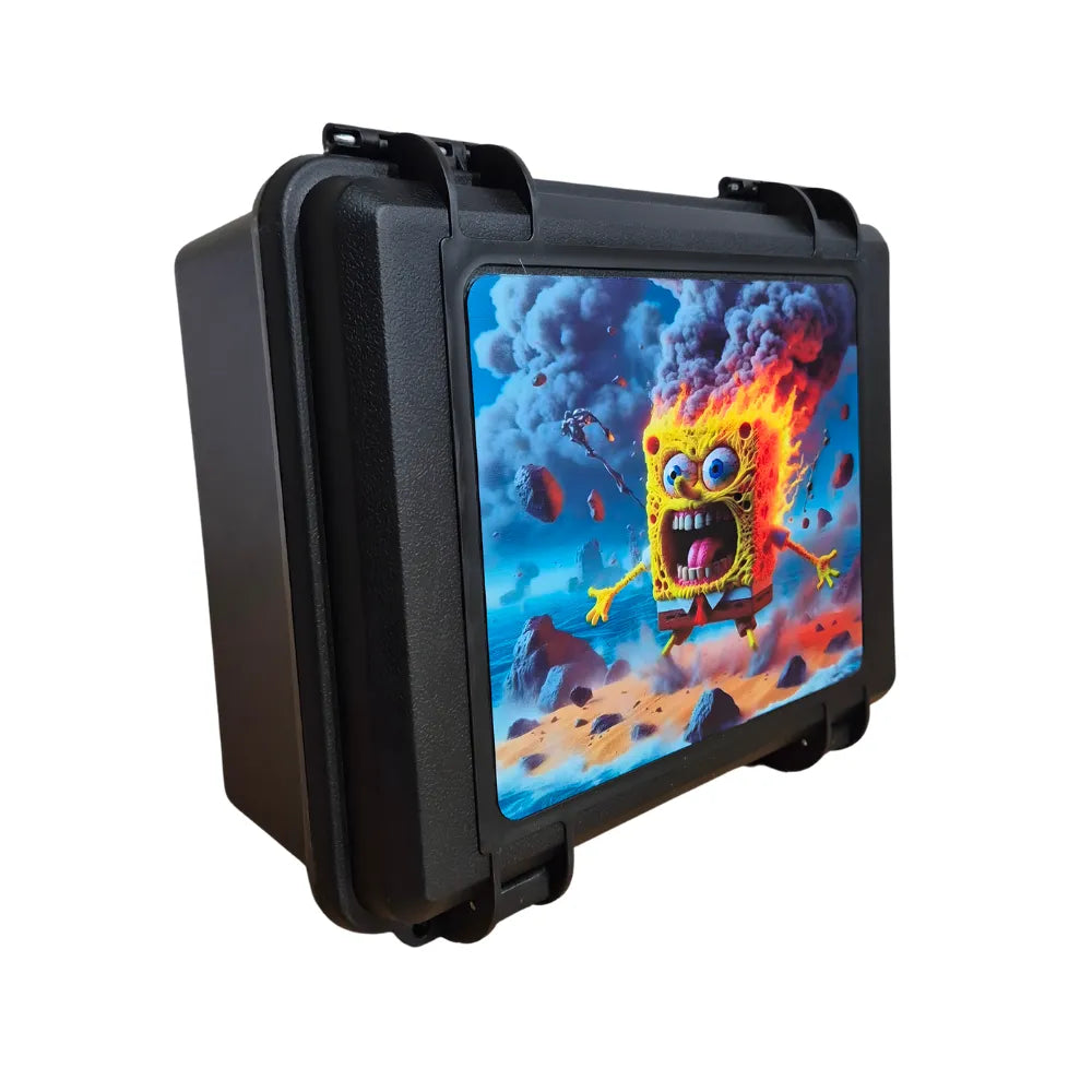 Black protective case with a colorful graphic of a cartoon character on a white background