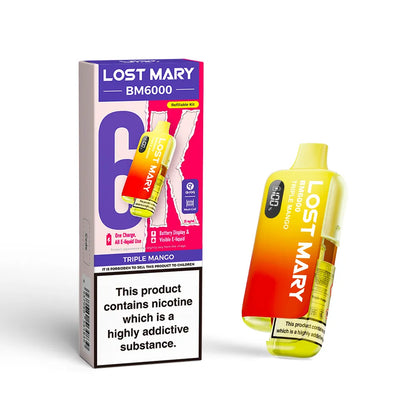 Lost Mary BM6000 vape kit in "Triple Mango" flavour with colourful packaging on a white background.