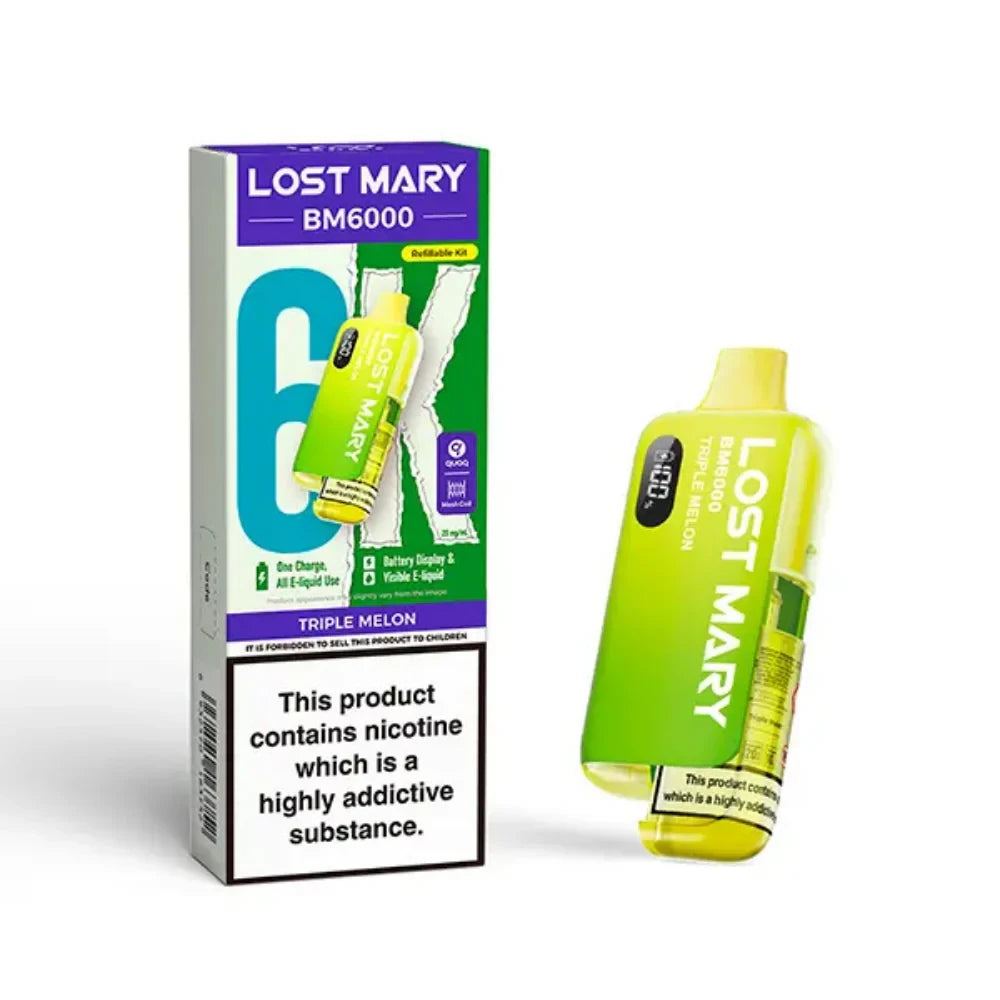Lost Mary BM6000 vape kit in "Triple Melon" flavour with colourful packaging on a white background.