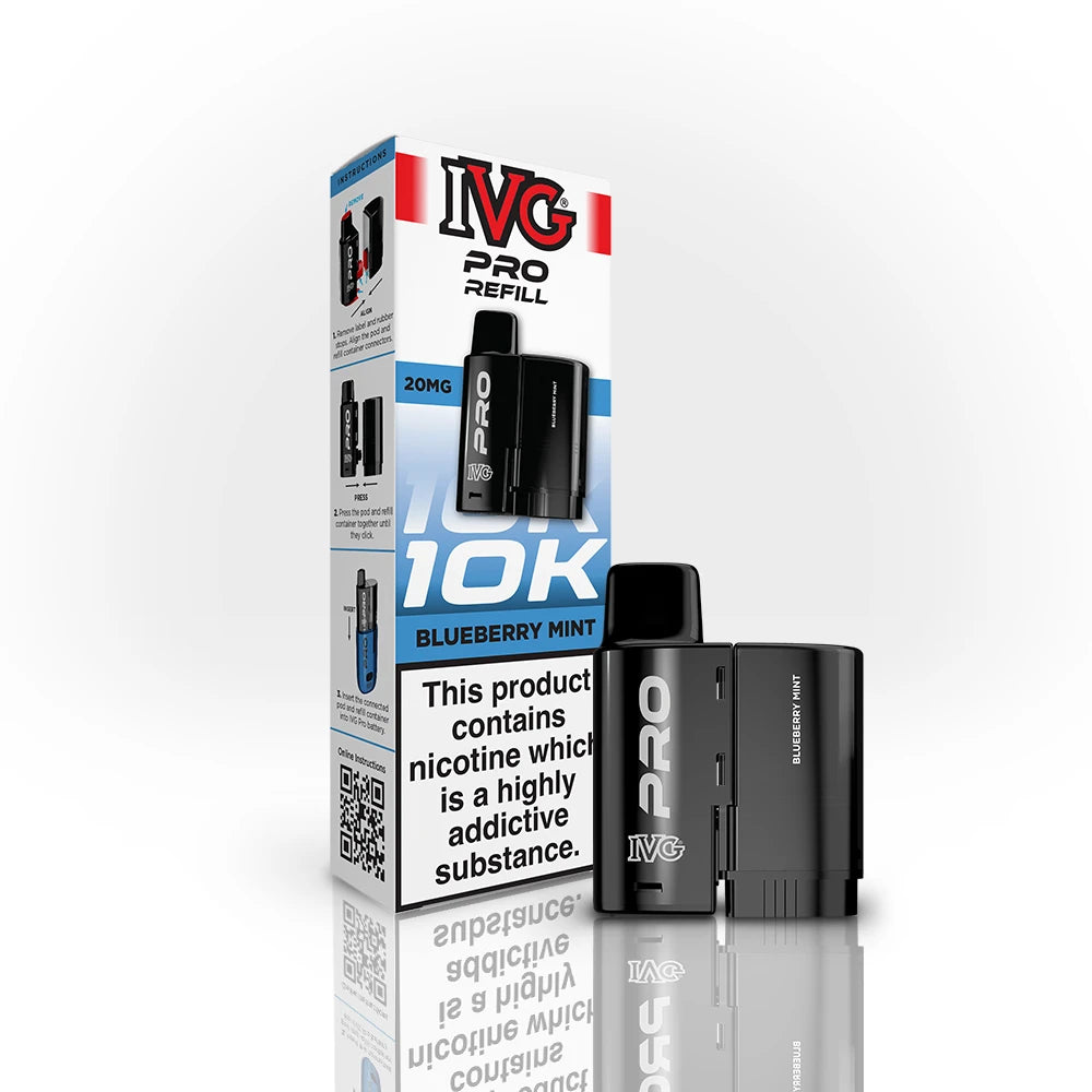 IVG Pro Refill 10K Blueberry Mint vape device and packaging on a white background