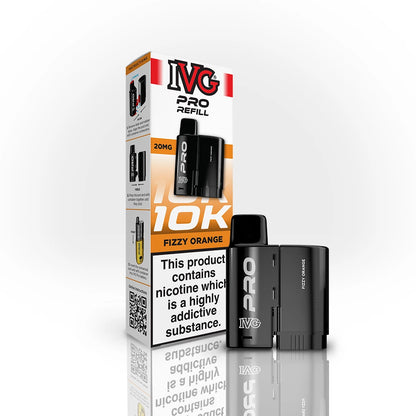 IVG Pro Refill 10K Fizzy Orange vape device and packaging on a white background